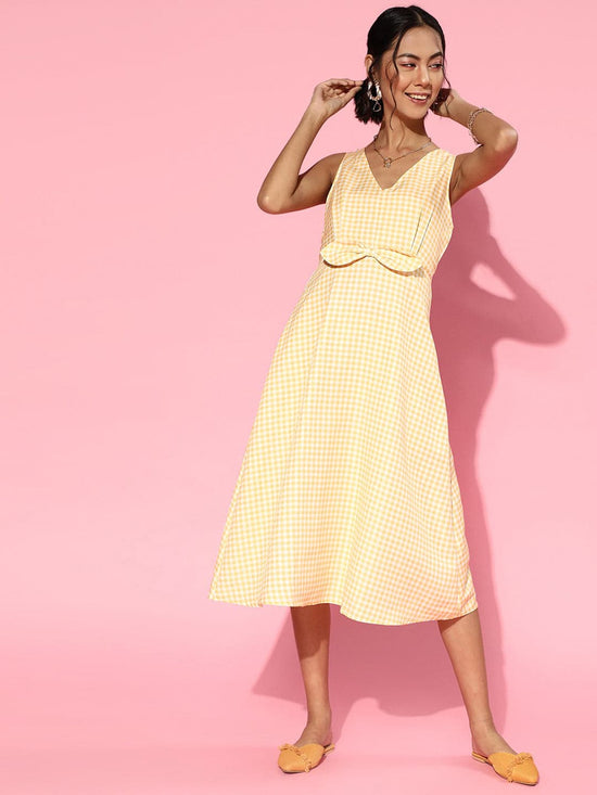 Women Yellow Gingham Check Waist-Bow Midi Dress