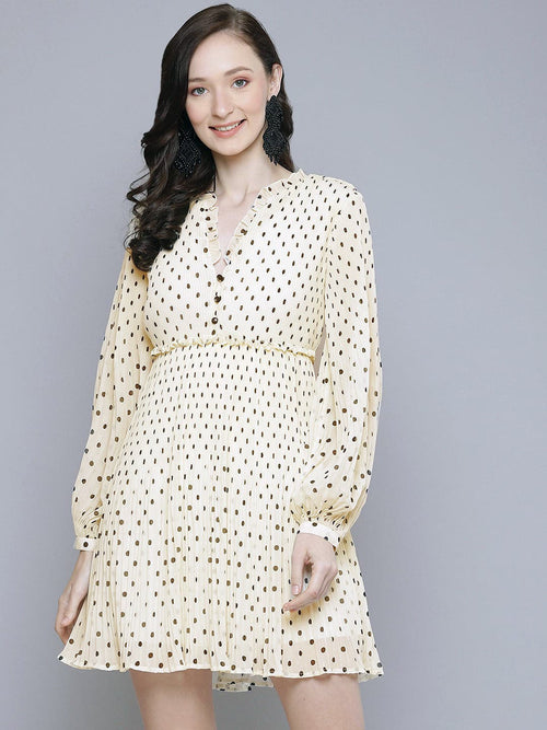 Women White With Black Polka Dot Pleated Dress