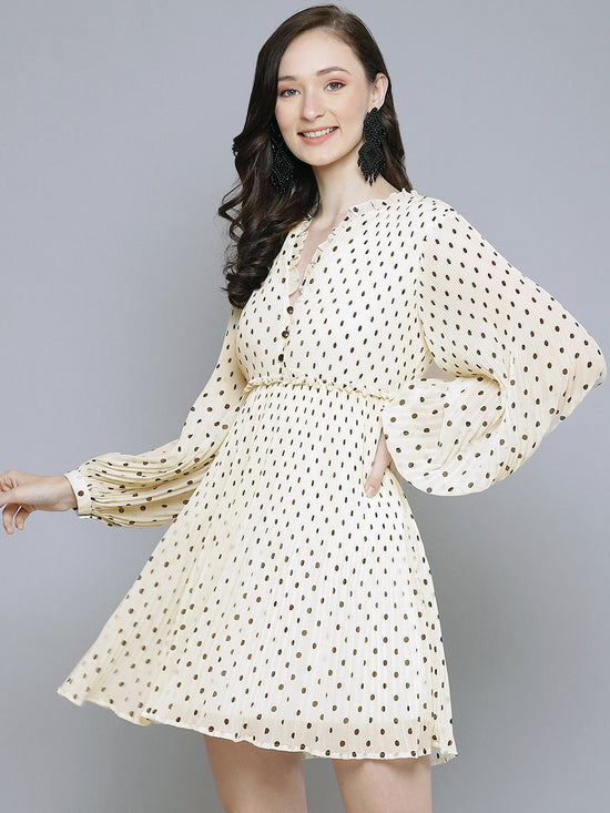 Women White With Black Polka Dot Pleated Dress