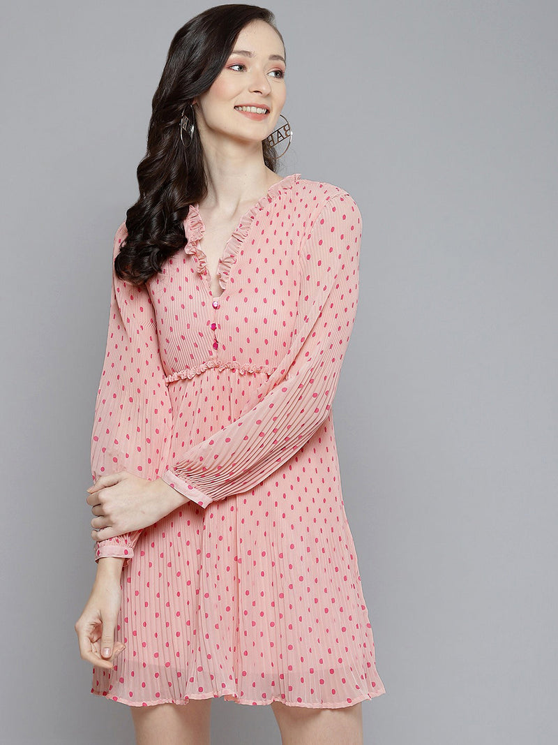 Women Pink With Fuchsia Polka Dot Pleated Dress
