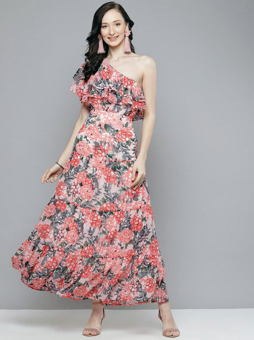 Women Peach Floral One Shoulder Maxi Dress