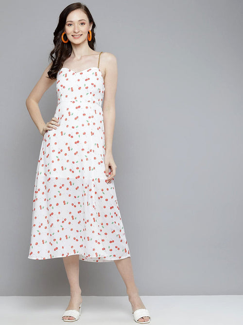 Women White Cherry Print Strappy Side Slit Dress