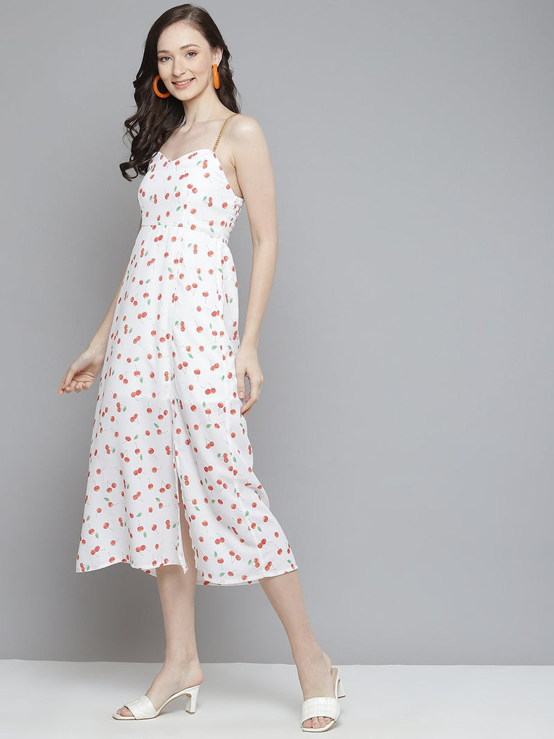 Women White Cherry Print Strappy Side Slit Dress