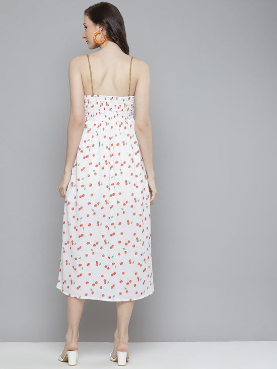 Women White Cherry Print Strappy Side Slit Dress