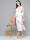 Women White Cherry Print Strappy Side Slit Dress