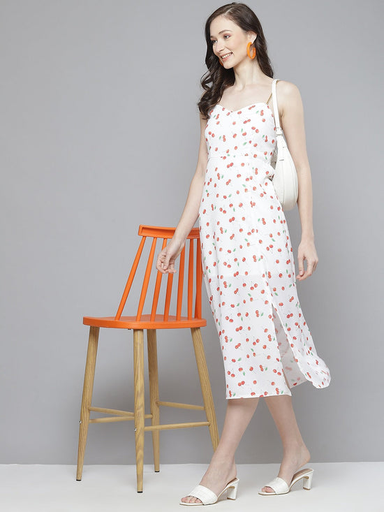 Women White Cherry Print Strappy Side Slit Dress