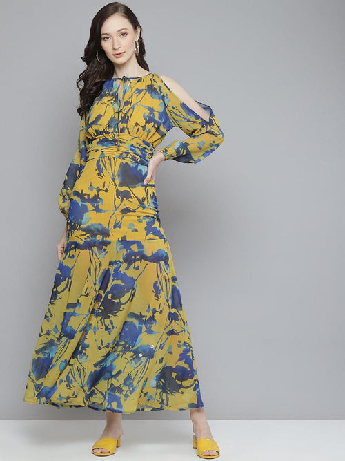 Women Mustard & Blue Floral Cold Shoulder Maxi