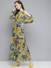 Women Mustard & Blue Floral Cold Shoulder Maxi