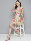 Women White & Pink Floral Front Knot Short Dress