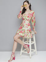 Women White & Pink Floral Front Knot Short Dress