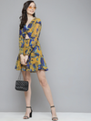 Women Mustard & Blue Floral Front Knot Short Dress