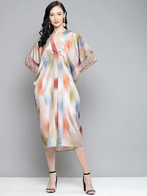 Women Multicolour Striped Fringe Lace Kaftan