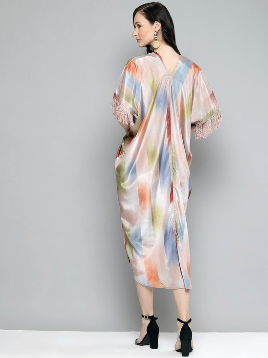 Women Multicolour Striped Fringe Lace Kaftan