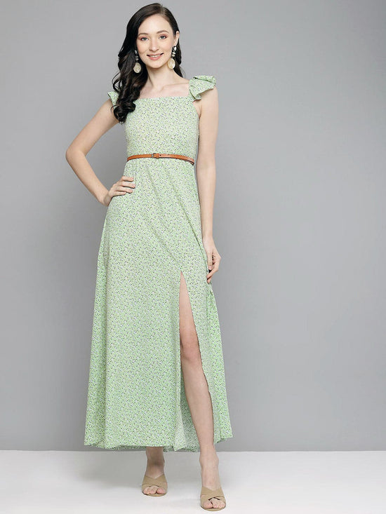 Women Green Floral Bardot Belted Maxi Dress