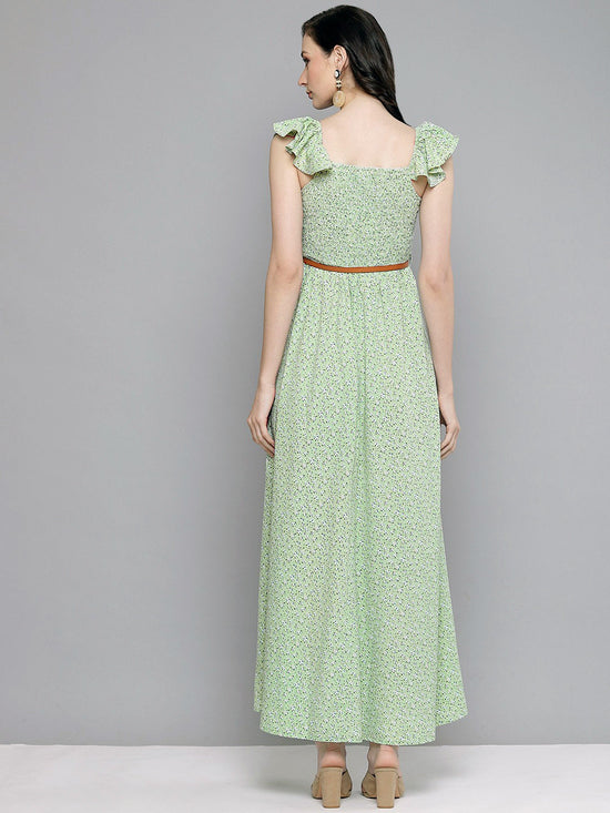 Women Green Floral Bardot Belted Maxi Dress