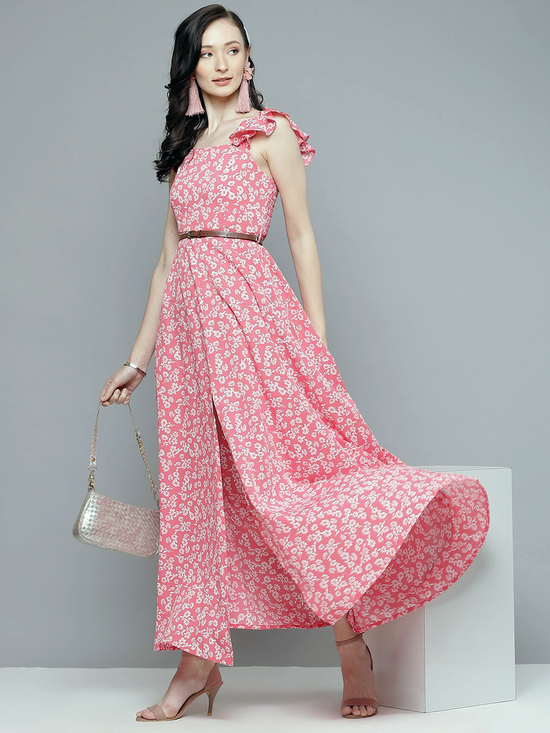 Women Pink Floral Bardot Belted Maxi Dress