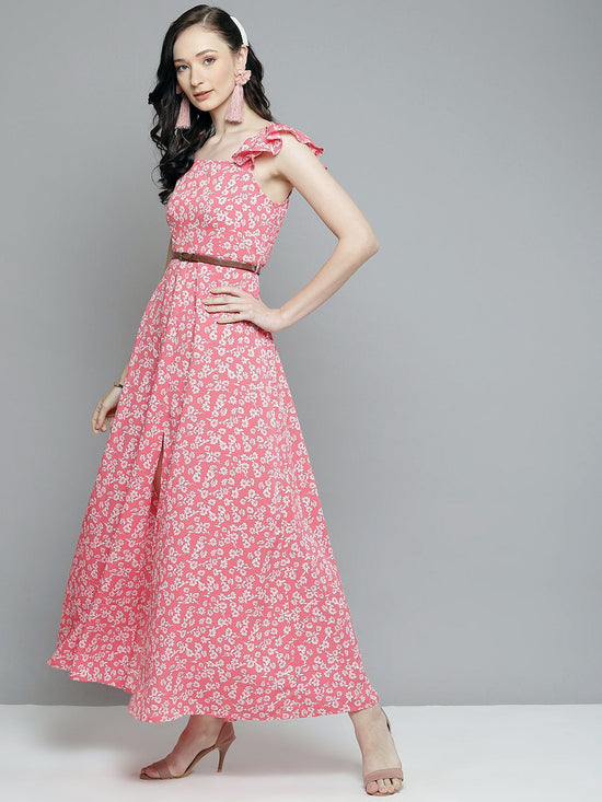 Women Pink Floral Bardot Belted Maxi Dress