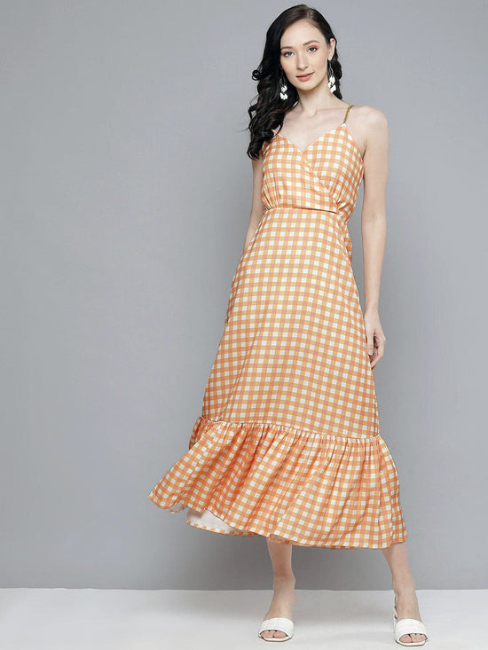 Women Orange & White Check Strappy Maxi