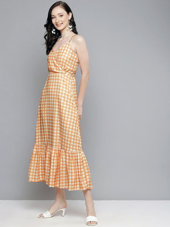 Women Orange & White Check Strappy Maxi