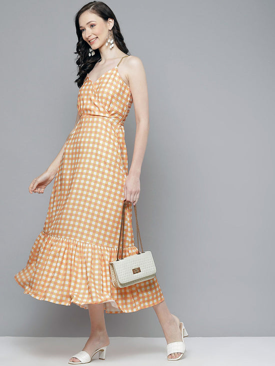 Women Orange & White Check Strappy Maxi