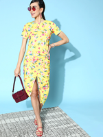 Women Yellow Floral Side Ruched Dress