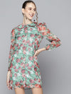 Women Sea Green Organza Floral Collar Neck Shirt Dress