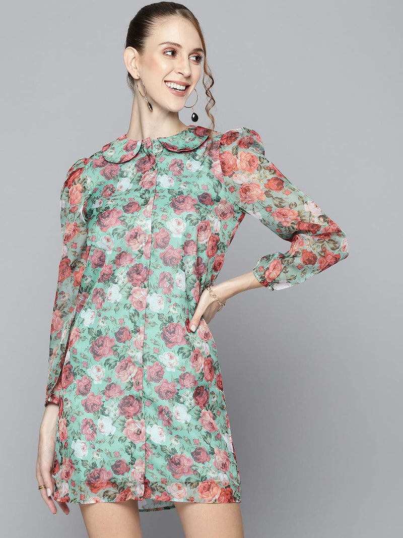 Women Sea Green Organza Floral Collar Neck Shirt Dress