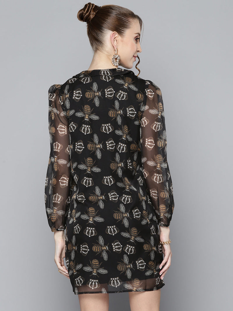 Women Black Beetle Print Collar Neck Shirt Dress