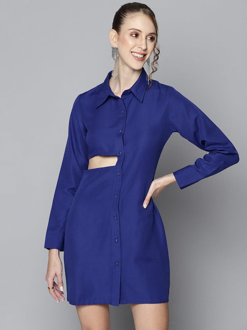 Women Royal Blue Side Cut-Out Shirt Dress