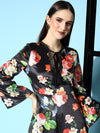 Women Black Floral Velvet Lace Detail Midi Dress