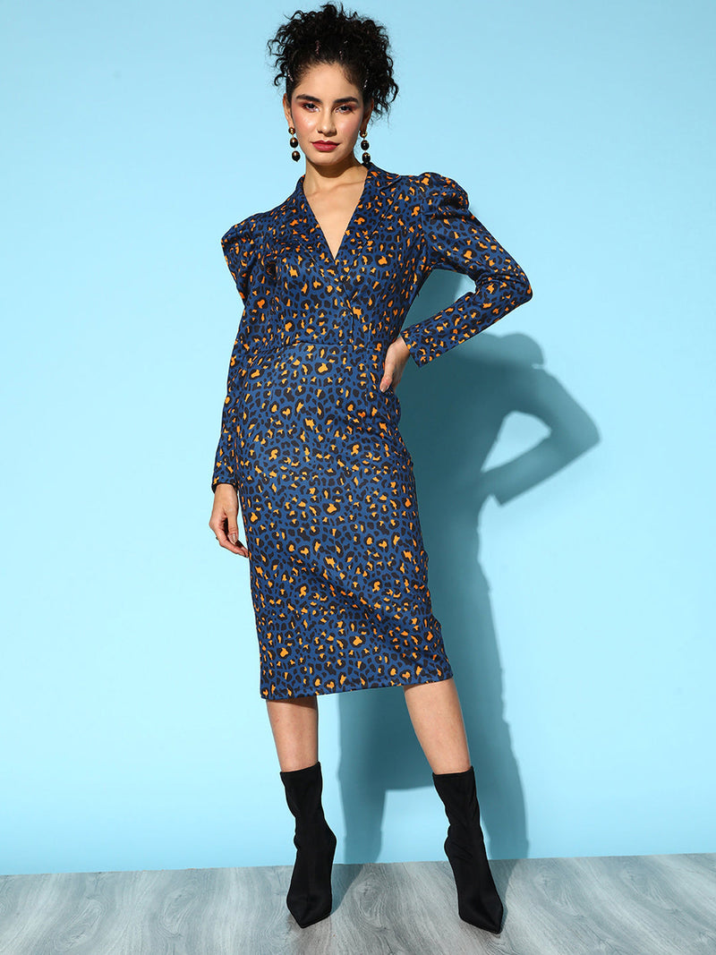 Wholesale Women Navy Cheetah Scuba Wrap Bodycon Midi Dress – Tradyl