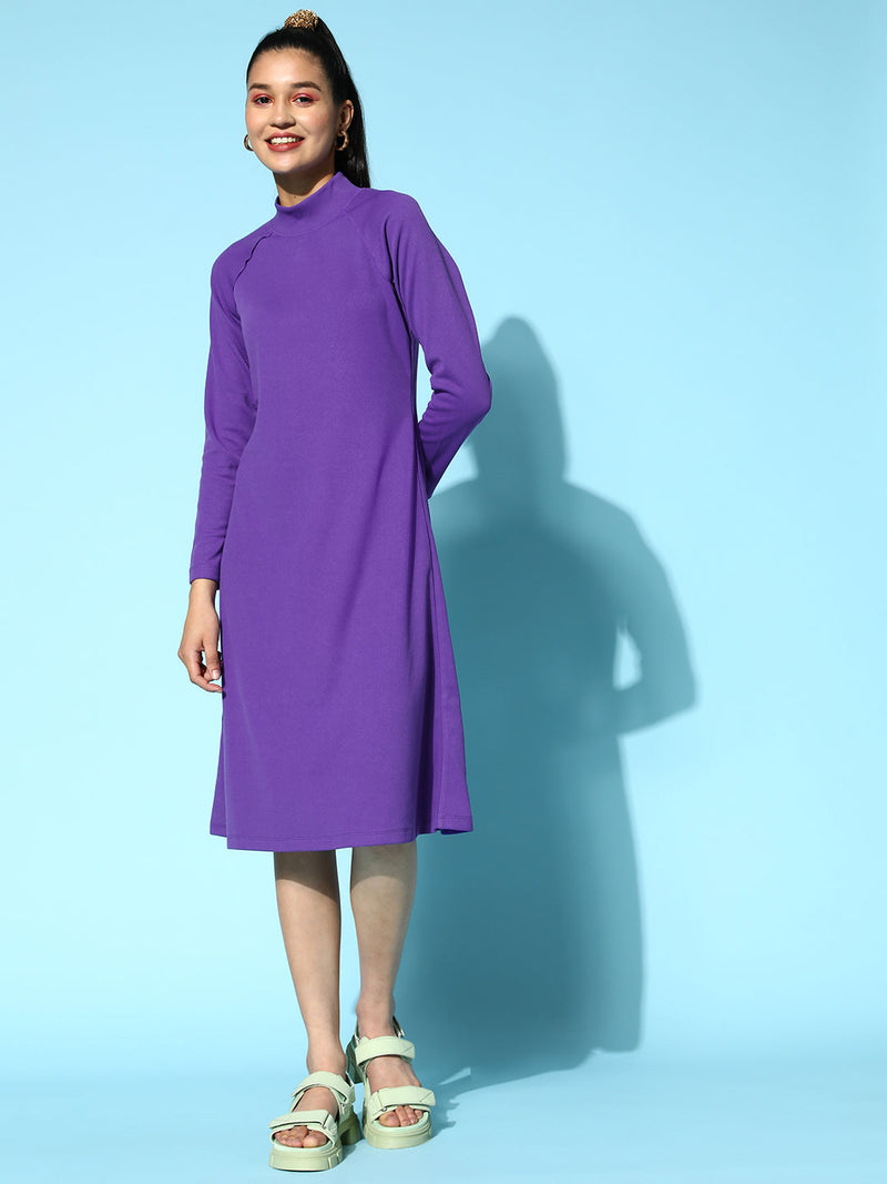 Women Purple Rib High Neck A- Line Midi Dress