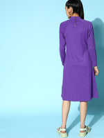 Women Purple Rib High Neck A- Line Midi Dress