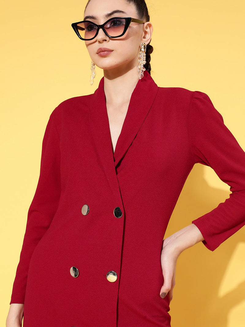 Women Red Canton Double Breasted Blazer Dress