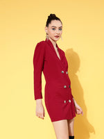 Women Red Canton Double Breasted Blazer Dress