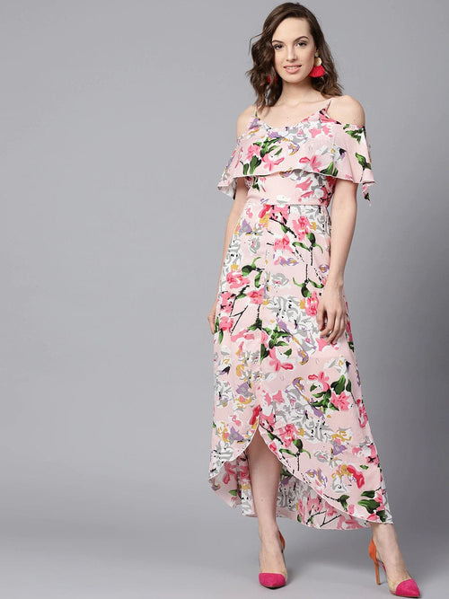 Pink Floral Layered High Low Maxi Dress