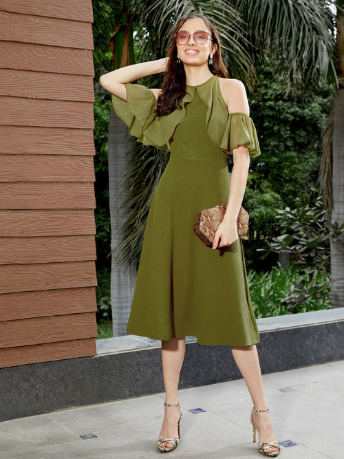 Women Olive Sleeve Frill Detail Midi Dress