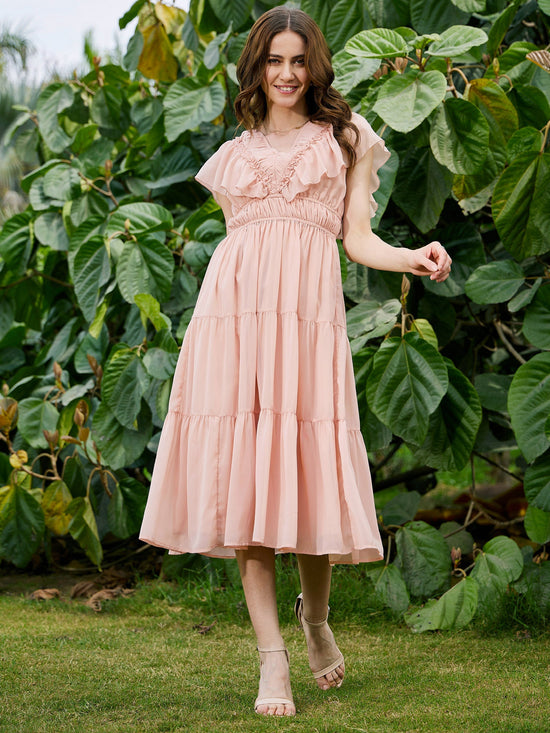 Women Nude Frilly Tiered Midi Dress