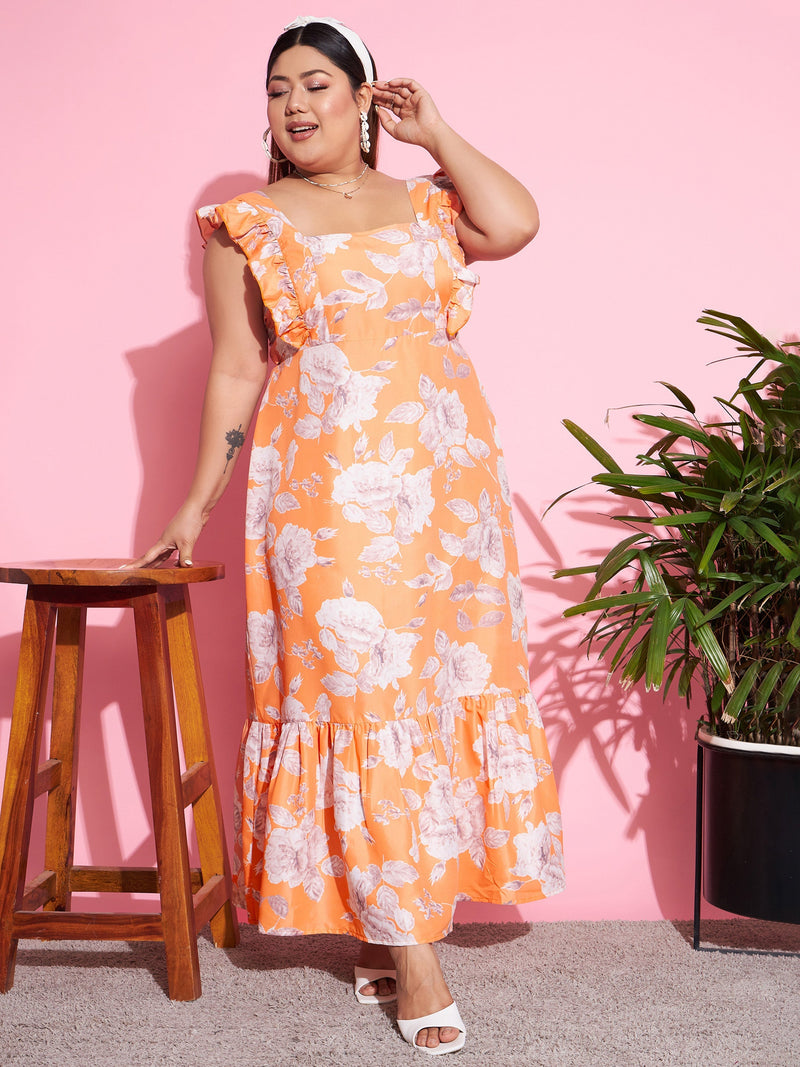 Women Orange Floral Back Cut-out Maxi Dress
