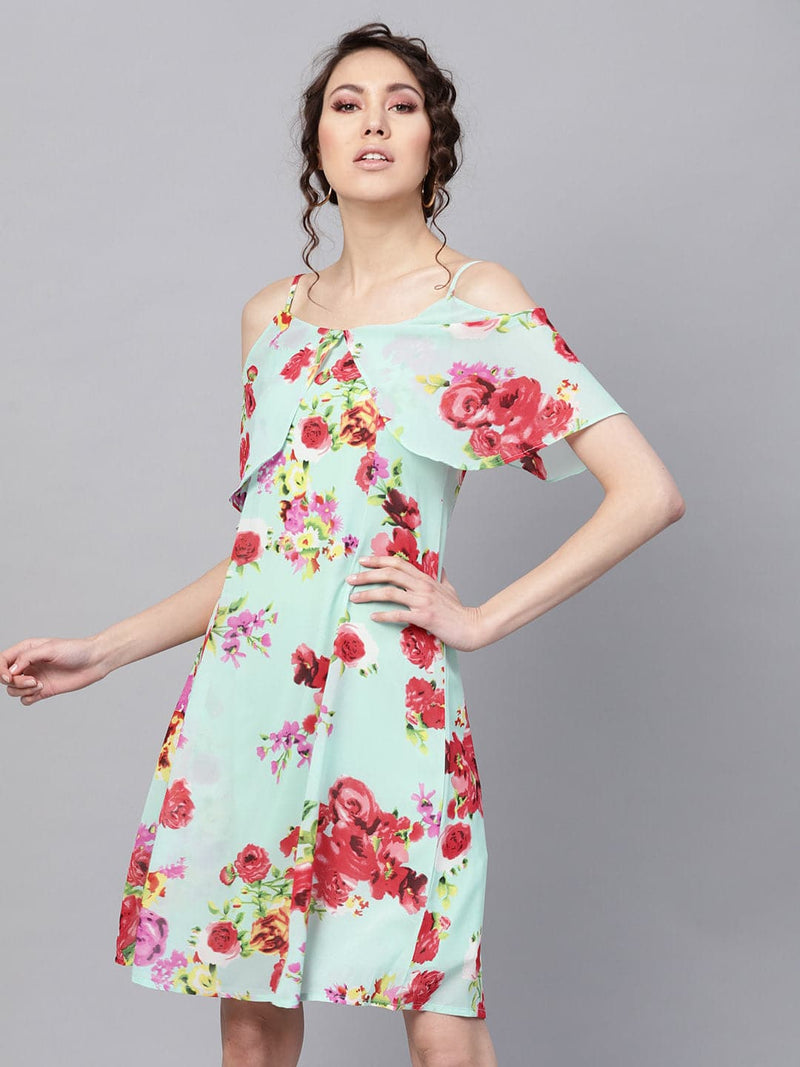 Aqua Floral Layered Fit & Flare Strap Dress