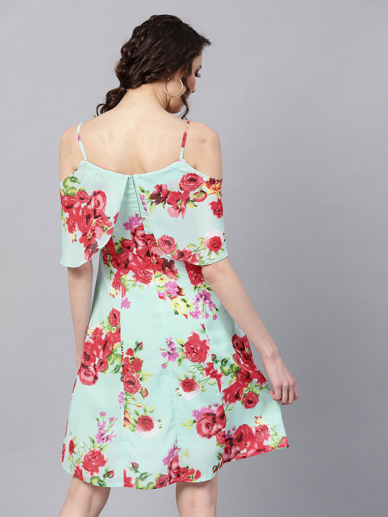 Aqua Floral Layered Fit & Flare Strap Dress