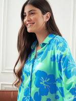 Women Blue & Green Satin Floral Shirt Dress