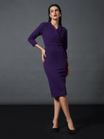 Women Purple Front Wrap Bodycon Midi Dress