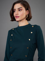 Women Green Button Yoke Belted Midi Dress