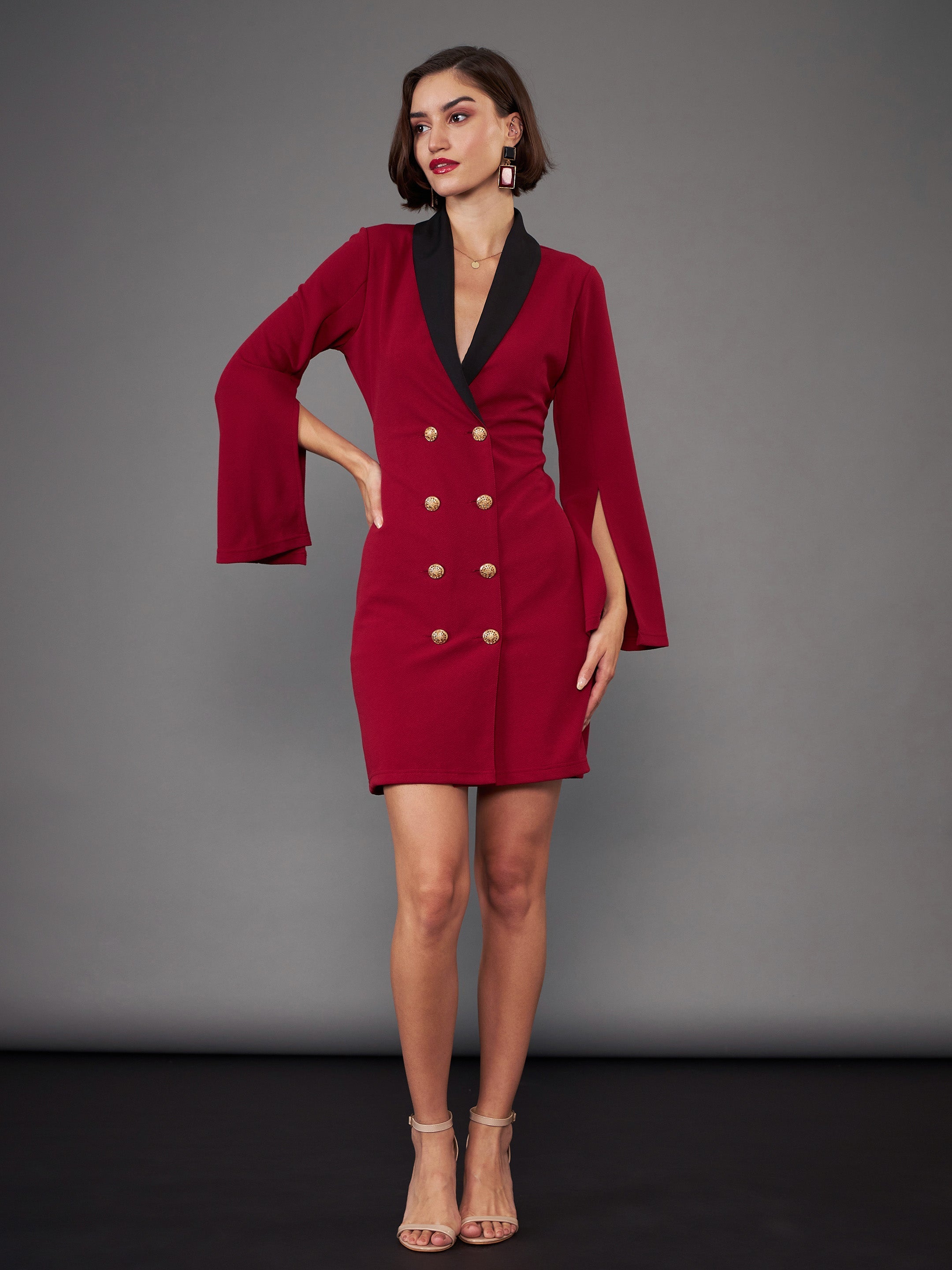 Wholesale Women Maroon Cape Sleeves Blazer Dress – Tradyl