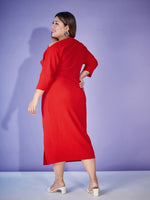 Women Red Ring-Belt Drop Shoulder Midi Dress