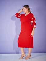 Women Red Print Balloon Sleeve Belted Bodycon Dress