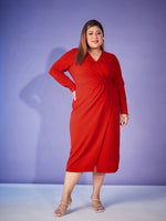 Women Red Front Wrap Bodycon Midi Dress