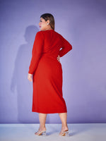 Women Red Front Wrap Bodycon Midi Dress