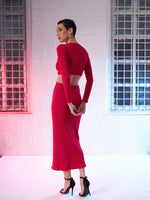 Women Pink Rib Waist Cut Out Maxi Dress